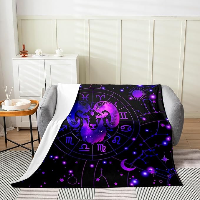 Feelyou Aries Flannel Fleece Throw Blanket Queen 90"x90" Constellations Fuzzy Blanket Kids Boys Girls 12 Horoscope Astrology Plush Blanket Bohemian Exotic Style All Season Bed Blanket - Aries Blanket for men
