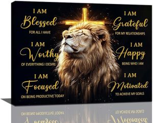Motivational Lion Wall Art Cross Christian Lion Pictures Decor Inspirational Canvas Black Golden Painting Modern Framed Prints Artwork for Home Bathroom Bedroom Living Room 16"x12" - Leo Canvas for men