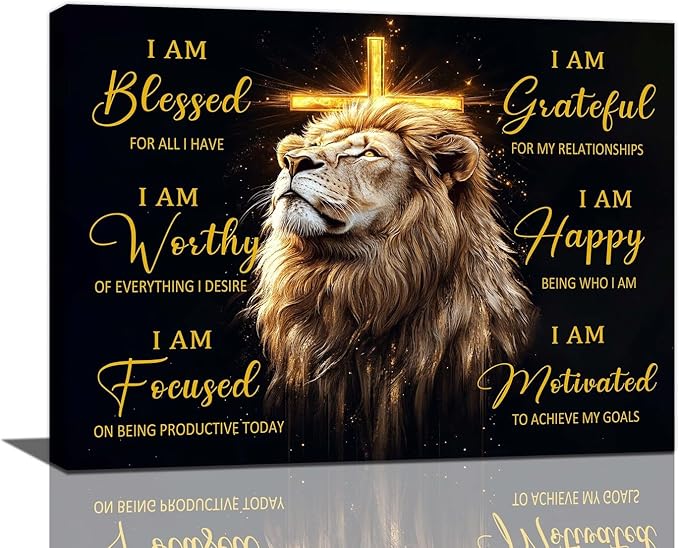 Motivational Lion Wall Art Cross Christian Lion Pictures Decor Inspirational Canvas Black Golden Painting Modern Framed Prints Artwork for Home Bathroom Bedroom Living Room 16"x12" - Leo Canvas for men