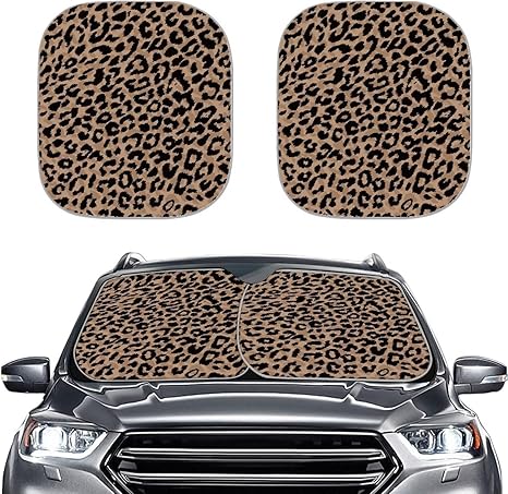 Renewold Car Windshield Sun Shade, Portable Auto Sunshade Car Sun Shade Blocks, Heat Sun Shield Visor Fits for Most Sedan Van SUV Trucks 2pcs Set, Leoaprd Print Fashion Car Accessories Interior - Aries Car Ornament for men