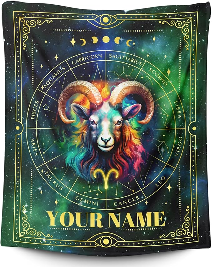 Custom with Name Kids Blanket - 50x40 Inches Small Aries Patterns Gift for Teens Girls - Soft, Cozy & Warm Zodiac Flannel Blankets for Couch, Sofa - Secret Astrology Themed Gift Ideas - Aries Blanket for men