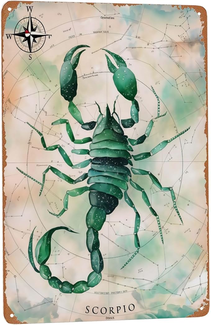 Scorpio Zodiac Tin Sign 8X12IN Gothic Metal Wall Art for Bedroom, Altar & Mystic Home Decor - Pisces Home Decor for men