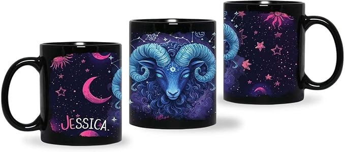 Custom Name Aries Zodiac Sign Mug, Gift For Friend, Personalized Aries Full Wrap Cup, Customized Horoscope Black Mug 11oz 15oz, Astrology Lover Coffee Cup, Aries Ceramic Mug For Kids, 1pcs - Aries Mug for men