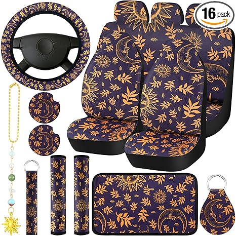 17 Pcs Sun and Moon Car Seat Covers Sun and Moon Car Accessories Full Set for Women Men Automotive Rear Front Seat Protector View Mirror Hanging Ornament Steer Wheel Belt Cover - Aries Car Seat Cover for men