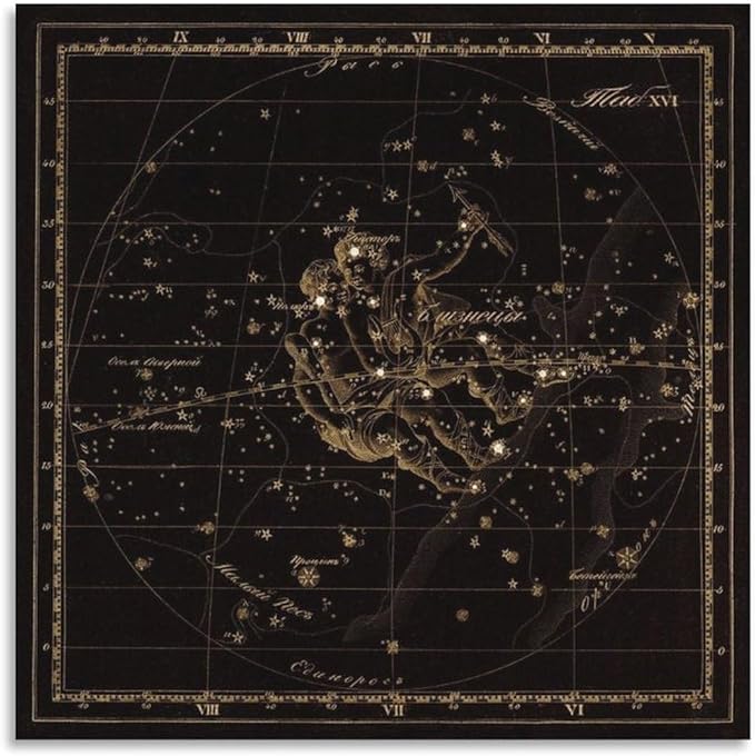 Gemini Zodiac Sign Art, Old Russian Astronomy Chart, Star Constellation Illustration, Vintage Style Print Living Room Bedroom Canvas Wall Art Decoration Poster for Room Aesthetics Canvas Wall Art Post - Gemini Canvas for men