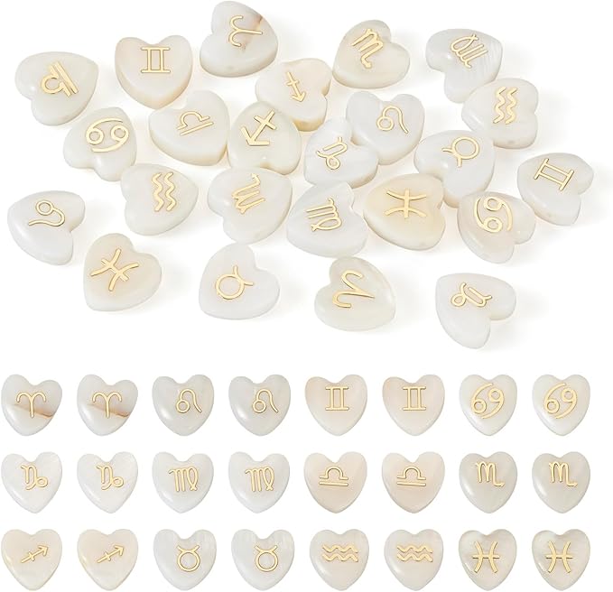 24 Pcs 12 Constellations Shell Beads Natural Freshwater Shell Beads Heart Shape Seashell Beads Zodiac Sign White Seashell Beads for Women Bracelet Necklace Jewelry Making - Aries Necklace for men