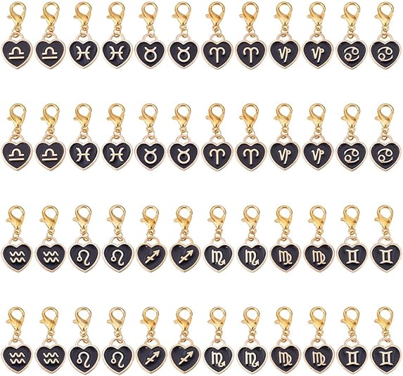 48 Pcs 12 Constellation Heart Charms, Alloy Zodiac Sign Dangle Pendants with Lobster Claw Clasp Black Enamel Birthday Sign Lucky Zipper Pull Charms for Bracelet Necklace Earring Making - Aries Ring for men
