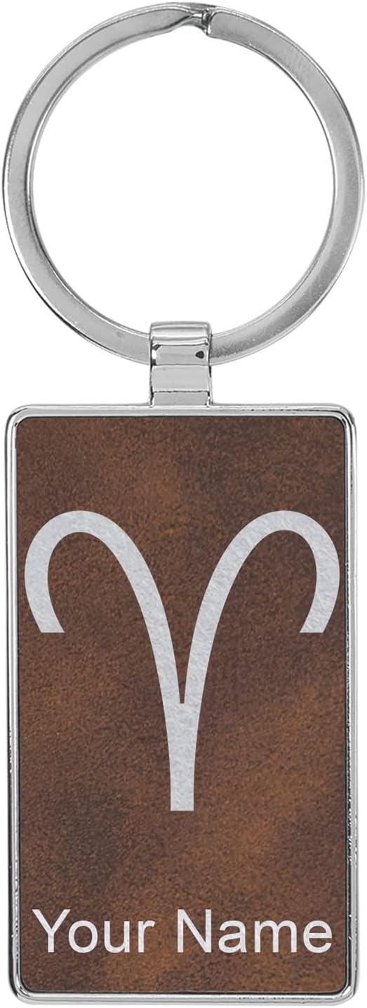 Rectangle Keychain, Zodiac Sign Aries, Personalized Engraving Included (Metal Frame) - Aries Ring for men
