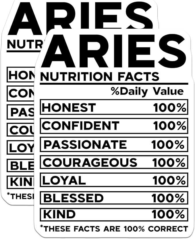 (2 Pack) Aries Zodiac Stickers - Astrology Nutrition Facts Stickers - Horoscope Sign Stickers - 5" On Longest Side - Sticks to Smooth Flat Surfaces - Made in USA - BMCS4756 - Aries Sticker for men