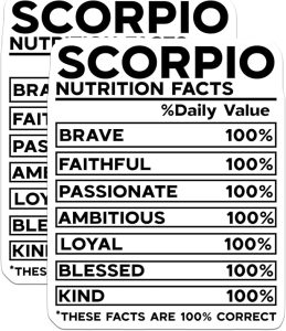 (2 Pack) Scorpio Zodiac Stickers - Nutrition Facts Inspirational Stickers - Astrology Horoscope Stickers - 5" On Longest Side - Sticks to Smooth Flat Surfaces - Made in USA - BMCS5294 - Scorpio Sticker for men