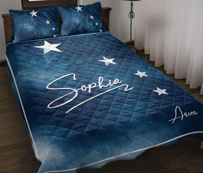 Personalized Zodiac Quilt Set, Aries Zodiac Sign Horoscopes Celestrial Quilt Blanket with Pillowcases, Custom Name Quilt Bedding Set MLANH4138 - Aries Blanket for men