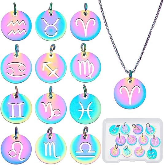 Stainless Steel 12 Constellations Charm, 12Pcs Flat Round Rainbow Zodiac Sign Pendants Charms 12mm Colorful Twelve Constellation Links Connectors for DIY Necklace Bracelet Earring Craft Making - Aries Earrings for men