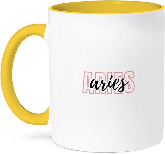 3dRose, Zodiac Sign - Aries Text, 15oz Two-Tone Yellow Mug - Aries Mug for men