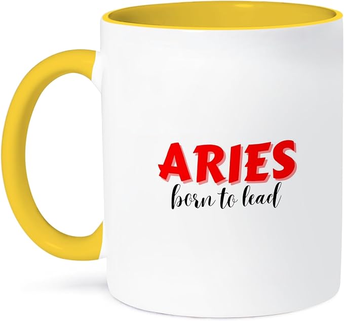 3dRose, Zodiac Sign - Aries - Born To Lead Text, 11oz Two-Tone Yellow Mug - Aries Mug for men