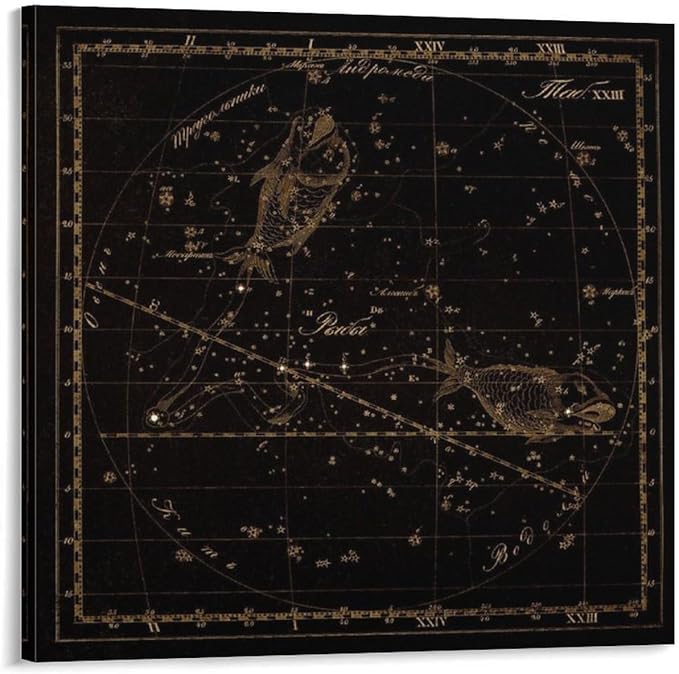 Pisces Zodiac Sign Art, Old Russian Astronomy Chart, Star Constellation Illustration, Vintage Style Print Living Room Bedroom Canvas Wall Art Decoration Canvas Poster Bedroom Decor Sports Landscape Of - Pisces Canvas for men
