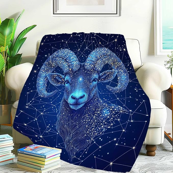 Aries Cosmic Ram Blanket, Glowing Star Pattern, Gift for Men and Women, Astrology Starry Sky, Soft Cozy Throw for Adults, Kids, Bed, Couch, Travel Gift, 60"x50" - Aries Blanket for men