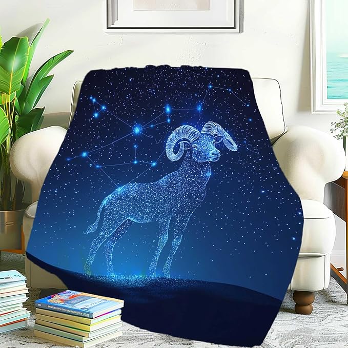 Aries Zodiac Starry Sky Blanket, Ram Shaped, Deep Blue Celestial Star Map, Soft Cozy Throw for Couch, Bed, Home Decor, Gift for Astrology Enthusiasts, 60"x50" - Aries Blanket for men