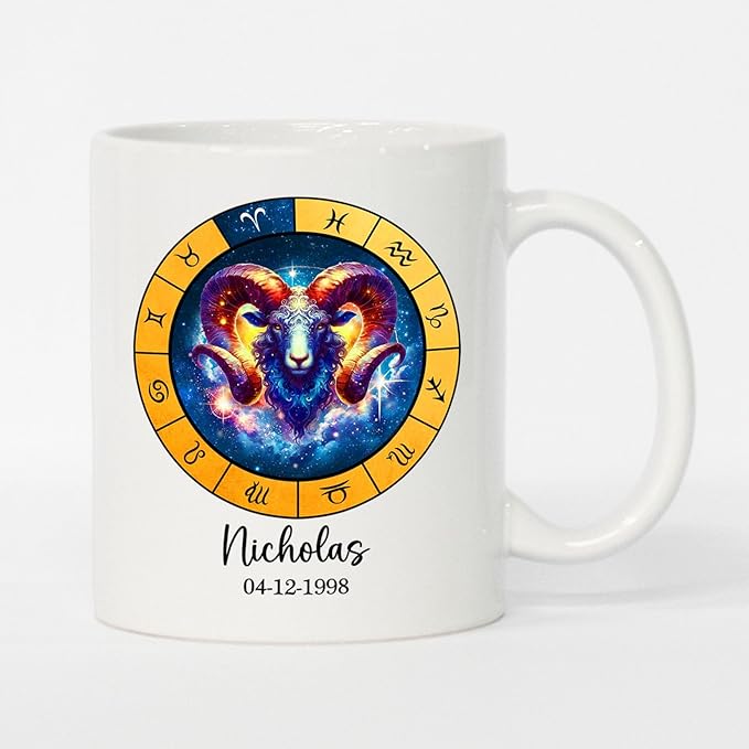 Personalized Aries Zodiac Coffee Cup 11 Oz 15 Oz, Awesome Aries Sign White Coffee Mug Cup Gift For Birthday Christmas, Customized Date & Name Aries Constellations Ceramic Mug, Aries Symbol Travel Mug - Aries Mug for men