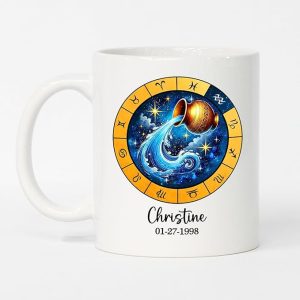 Aquarius Zodiac Coffee Mug Gift For Sister Brother Birthday, Personalized Aquarius Sign Coffee Cup 11 15 Oz, Customized Date & Name Astrology Lover White Ceramic Mug, Symbol Aquarius Travel Mug Gift - Aquarius Mug for men