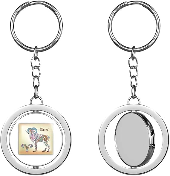Aries Ram Zodiac Sign Round Spinning Stainless Steel Metal Key Chain Keychain Ring Double Sided Deisgn - Aries Keychain for men