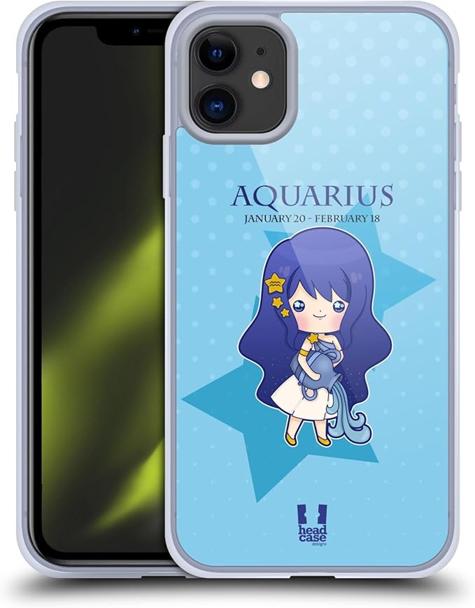 Head Case Designs Aquarius Kawaii Zodiac Signs Gel Case [Military Grade Protection] Compatible with Apple iPhone 11 and Compatible with MagSafe - Aquarius Phone Case for men