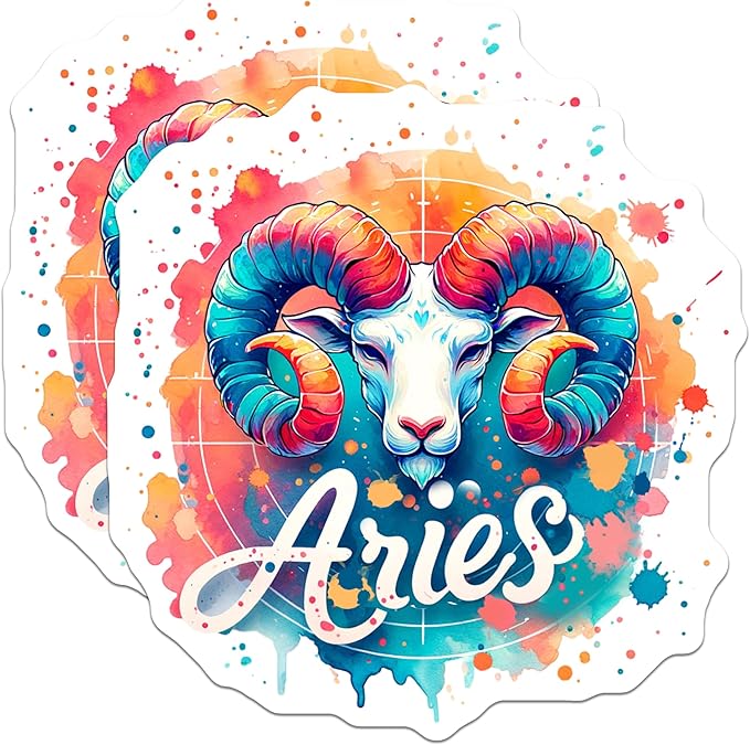 (2 Pack) Aries Zodiac Stickers - Astrological Sticker - Colorful Aries Art - Zodiac Sign Decal - 5" On Longest Side - Sticks to Smooth Flat Surfaces - Made in USA - BMCS7225 - Aries Sticker for men