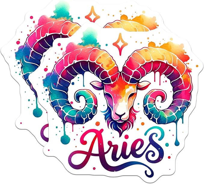 (2 Pack) Aries Rainbow Stickers - Zodiac Sign Vinyl Decal - Astrological Illustration Art - 5" On Longest Side - Sticks to Smooth Flat Surfaces - Made in USA - BMCS7280 - Aries Sticker for men