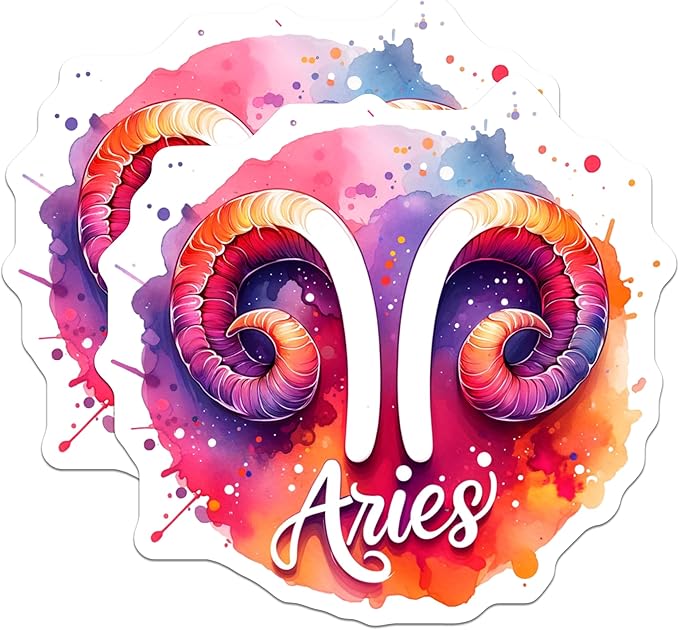 (2 Pack) Aries Zodiac Sign Stickers - Astrological Sign Art - Colorful Watercolor Sticker - 5" On Longest Side - Sticks to Smooth Flat Surfaces - Made in USA - BMCS7174 - Aries Sticker for men