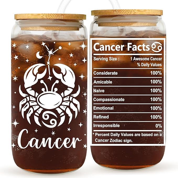 Cancer Birthday Gifts for Women - 16oz Cancer Coffee Cup with Straw - Zodiac Astrology Gifts for Her - Constellation Glass Tumbler for Friend - Horoscope Mug for Mom Coworker - Aries Mug for men
