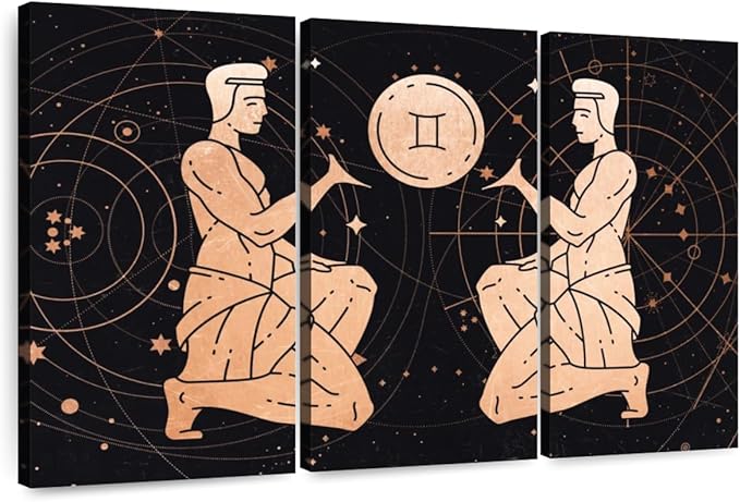 Elephant Stock - Gemini Zodiac Sign Wall Art - Horizontal Multi Panel Canvas - 3 Piece Living Room Wall Decor - Digital Art Religion And Spirituality Multi Piece Wall Art - Black And Orange Decor - 33" x 20" - Gemini Canvas for men