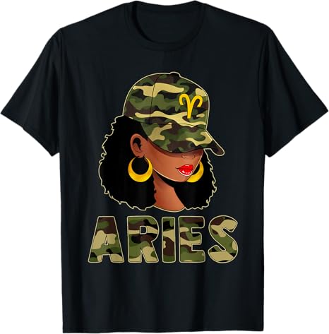 Aries Queen Camouflage Black Woman Cap Zodiac Sign T-Shirt - Aries T-Shirt for men