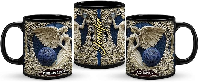 Custom Aquarius Zodiac Coffee Mug, Personalized Horoscope Full Wrap Cup 11oz 15oz, Customized Name & Date Ceramic Mug, Unique Air Sign Birthday Black Cup, Gift for Friends, 1PCS - Aquarius Mug for men