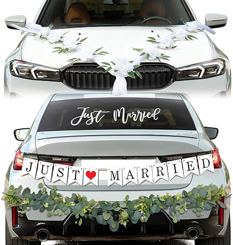 Just Married Car Decorations Kit Wedding Car Decor with Artificial White Roses Banner Flower Vine Tulle Ribbon Sign Stickers Getaway Car Accessories for Bride and Groom Send Off SUV Truck - Aries Sticker for men