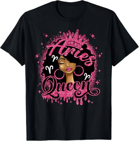 Aries Queen Curly Afro Woman Girl Birthday Zodiac Sign T-Shirt - Aries T-Shirt for men