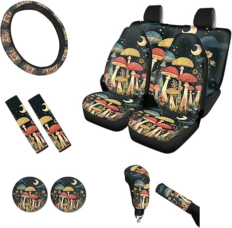 Car Seat Covers Full Set for Women - Mushroom Moon Print Steering Wheel Cover Armrest Cover Seatbelt Covers Front Rear Seat Protector for Truck SUV Car - Aries Car Seat Cover for men