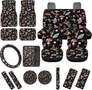 Mushroom Butterfly Car Seat Cover Full Set 17 Pieces Car Seat Cover Front Rear Floor Mats Steering Wheel Cover Seatbelt Cover Armrest Cover Car Accessories - Scorpio Car Seat Cover for men