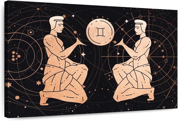 ElephantStock - Gemini Zodiac Sign Wall Art - Horizontal Canvas Wall Art - Living Room Wall Decor - Digital Art Religion And Spirituality Canvas Art - Black And Orange Decor - 39" x 26" - Gemini Canvas for men