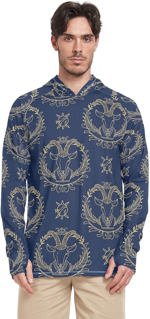 Gold Zodiac Sign Aries Navy Blue Men Sun Protection Hoodies Long Sleeve UPF 50 Mens Sun Shirt Lightweight UV Rash Guard With Hood Sailing Shirts camisas para el sol hombres proteccion solar - Aries Hoodie for men