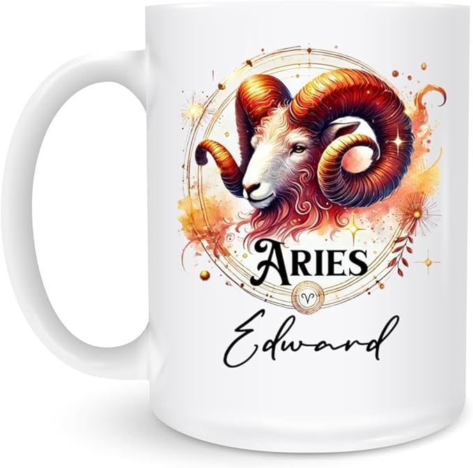 Personalized Aries Zodiac Mug 11oz 15oz - Custom Name Ceramic Coffee Cup for Astrology Fans, Aries Birthday Gift, Unique Ram Symbol Art, Horoscope Star Sign Present, Fiery Celestial Theme - Aries Mug for men