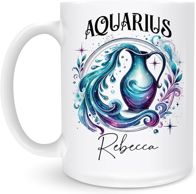 Personalized Aquarius Zodiac Mug 11oz 15oz - Custom Name Ceramic Coffee Cup for Astrology Enthusiasts, Aquarius Birthday Gift, Unique Water Bearer Art, Horoscope Star Sign Present, - Aquarius Mug for men