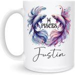 Personalized Pisces Zodiac Mug 11oz 15oz - Custom Name Ceramic Coffee Cup for Astrology Lovers, Pisces Gift for Birthday, Unique Watercolor Betta Fish Art, Horoscope Star Sign Present - Pisces for men