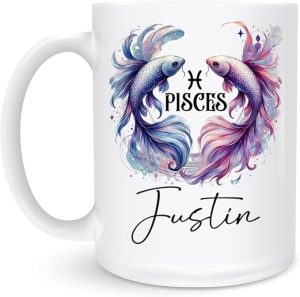 Personalized Pisces Zodiac Mug 11oz 15oz - Custom Name Ceramic Coffee Cup for Astrology Lovers, Pisces Gift for Birthday, Unique Watercolor Betta Fish Art, Horoscope Star Sign Present - Pisces for men