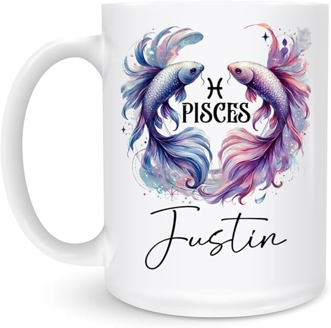 Personalized Pisces Zodiac Mug 11oz 15oz - Custom Name Ceramic Coffee Cup for Astrology Lovers, Pisces Gift for Birthday, Unique Watercolor Betta Fish Art, Horoscope Star Sign Present - Pisces for men