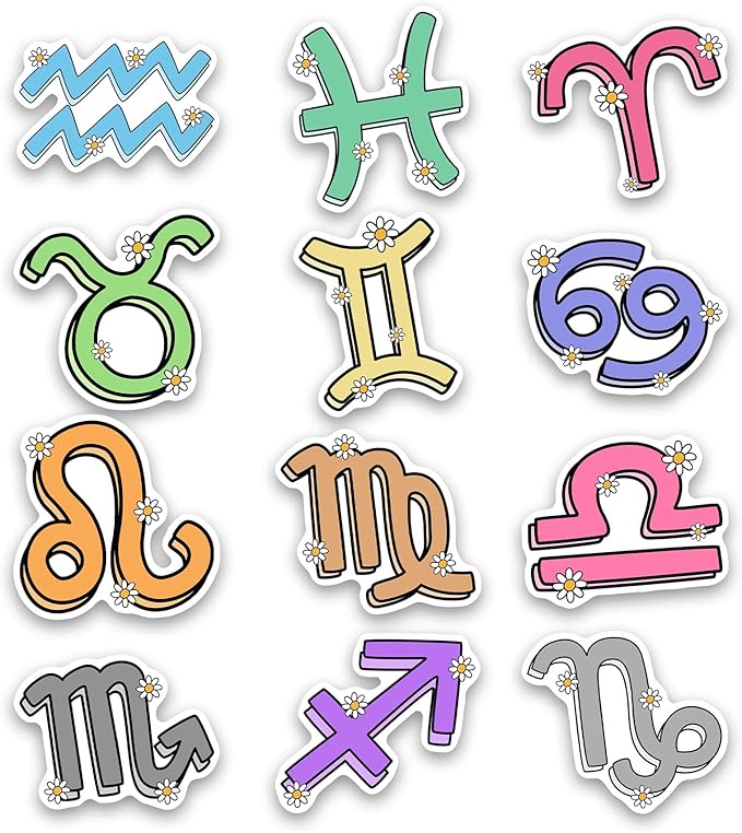 Zodiac Sign Sticker Set, 12 Astrology Symbols with Daisy Flowers, 2 Inch Vinyl Decals for Phone Laptop Water Bottle - Aries Sticker for men