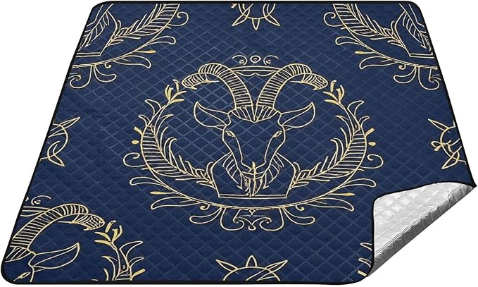 Gold Zodiac Sign Aries Navy Blue Waterproof Picnic Blankets for Outdoors XXL Camping Party Picnic Accessories Outdoor for Outdoorsy People Picnic Items alfombra para Picnic - Aries Blanket for men