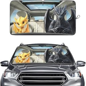 Cute Couple Dragon Windshield Sun Shade for Car SUV Truck (64x32 Inches), Automobile Sunshade, Protector Blocks UV, Halloween Car Decor - Aries Car Ornament for men