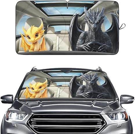 Cute Couple Dragon Windshield Sun Shade for Car SUV Truck (64x32 Inches), Automobile Sunshade, Protector Blocks UV, Halloween Car Decor - Aries Car Ornament for men