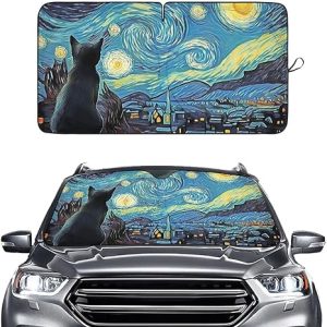 Starry Night Art Windshield Sun Shade for Car SUV Truck (64x32 Inches), Black Cat Automobile Sunshade, Protector Blocks UV, Car Accessories - Aries Car Ornament for men