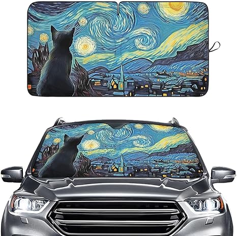Starry Night Art Windshield Sun Shade for Car SUV Truck (64x32 Inches), Black Cat Automobile Sunshade, Protector Blocks UV, Car Accessories - Aries Car Ornament for men