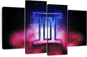 Elephant Stock - Dramatic Gemini Symbol Wall Art - Horizontal Multi Panel Canvas - 4 Piece Living Room Wall Decor - Digital Art Religion And Spirituality Multi Piece Wall Art - Brown And Beige Decor - 30" x 18" - Gemini Canvas for men